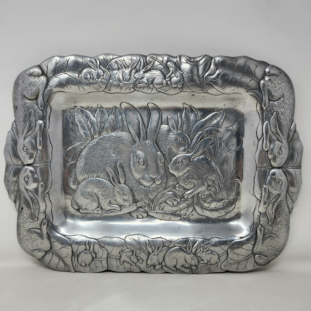 Vintage 1986 Arthur Court Aluminum Bunny Rabbit Serving Tray Platter 18"